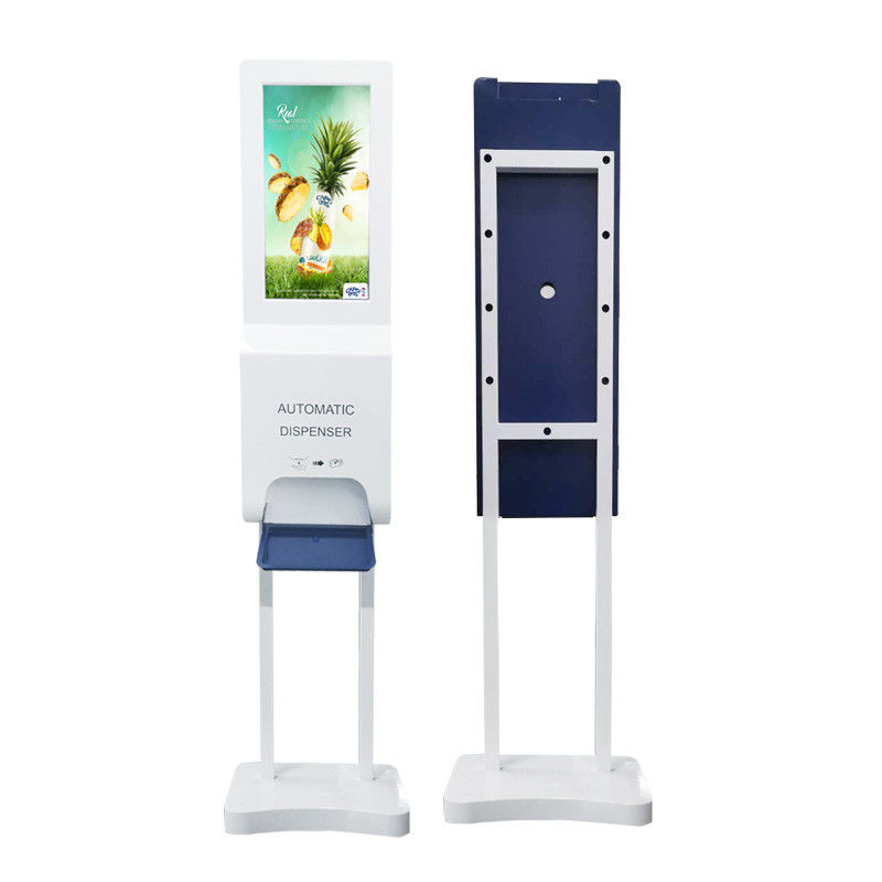 White LCD Advertising Screen With Auto Free Hand Sanitizer Dispenser 1000ml Plastic Bottle